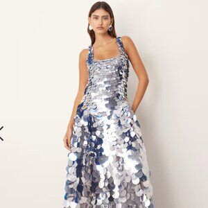 ARRANGE embellished paillette sequin square neck full skirt midi dress in blue